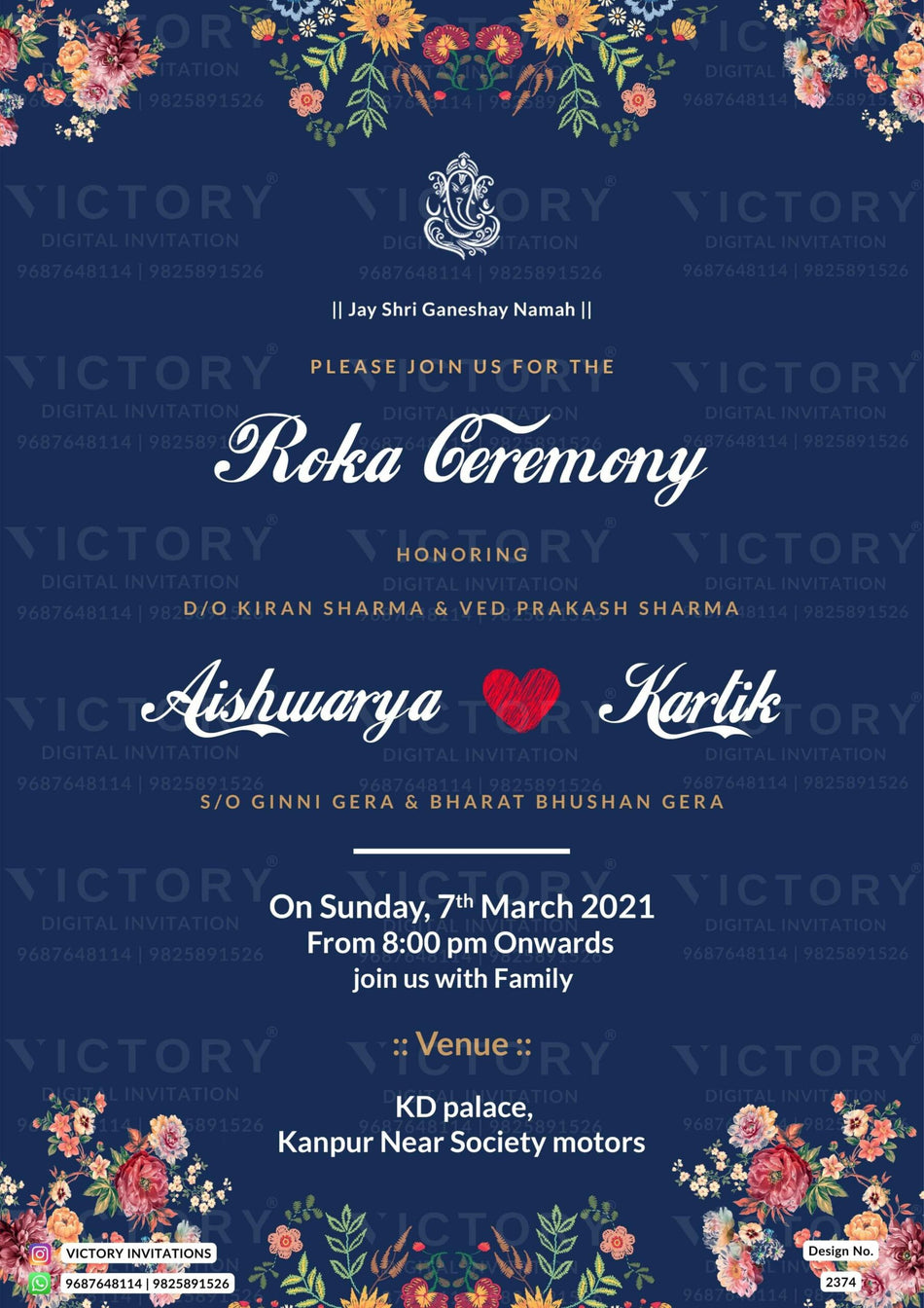 Roka ceremony invitation card for Punjabi family in english language with flowers as floral theme design 2374