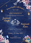 Roka ceremony invitation card for Punjabi family in english language with couple logo, peacock, ek omkar logo as floral theme design 2375
