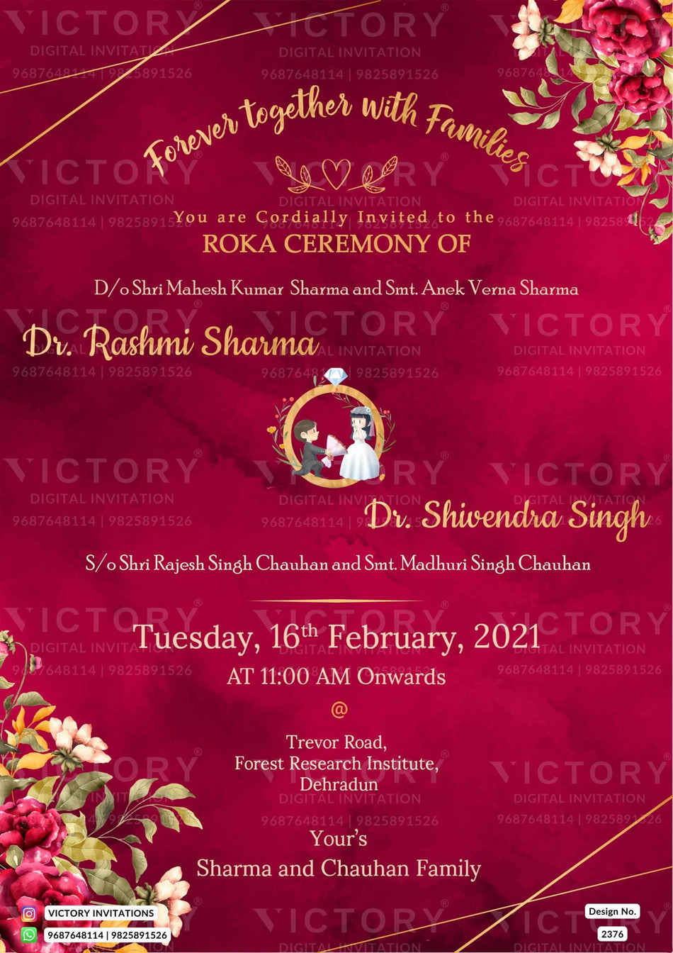 Roka ceremony invitation card for Punjabi family in english language with romantic couple doodle, flowers as floral theme design 2376