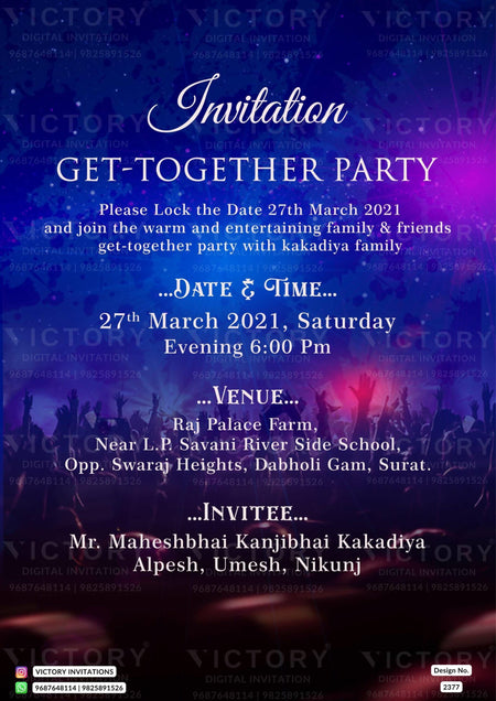 Get Together Party invitation card in english language with people as night party theme design 2377