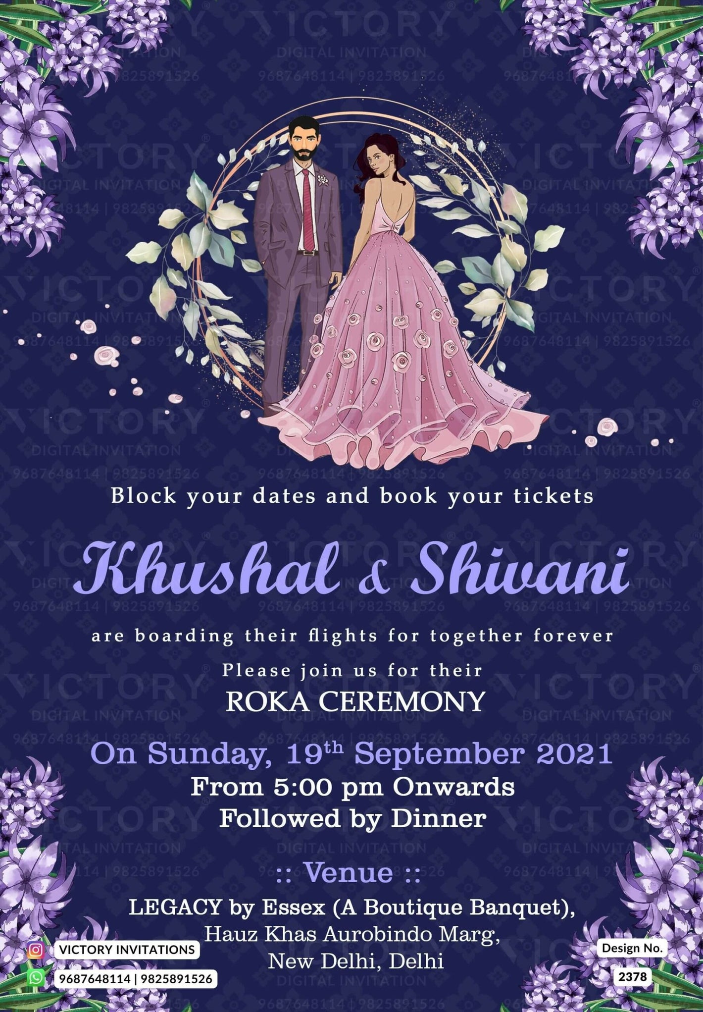 Roka ceremony invitation card for Punjabi family in english language with stylish couple doodle, flowers as floral theme design 2378