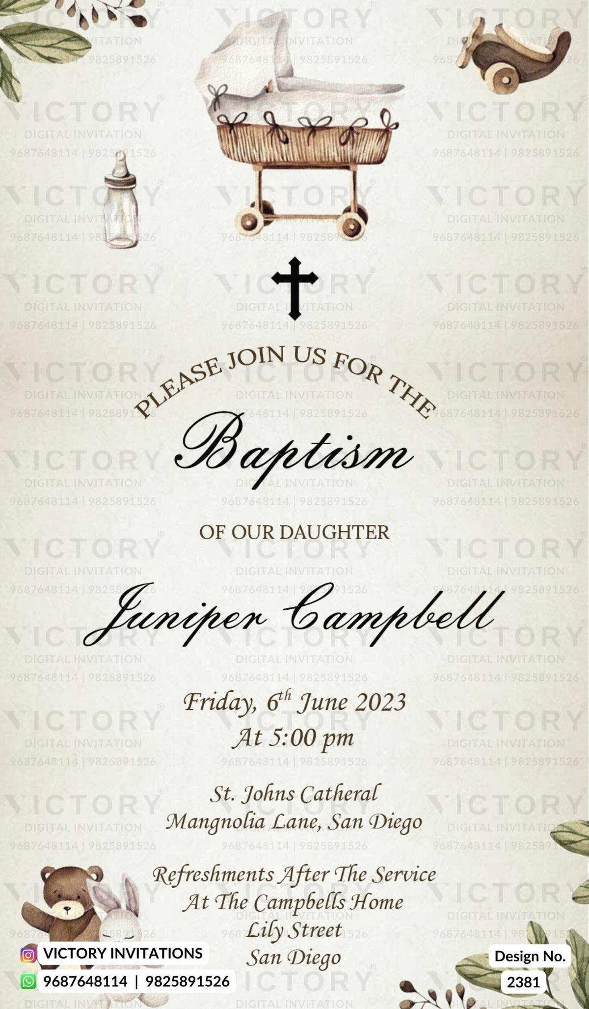 Baptism ceremony invitation card in english language with toys, cradle as playful theme design 2381