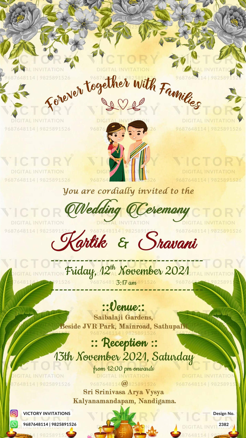 Wedding ceremony invitation card of hindu south indian telugu family in english language with traditional theme design 2382