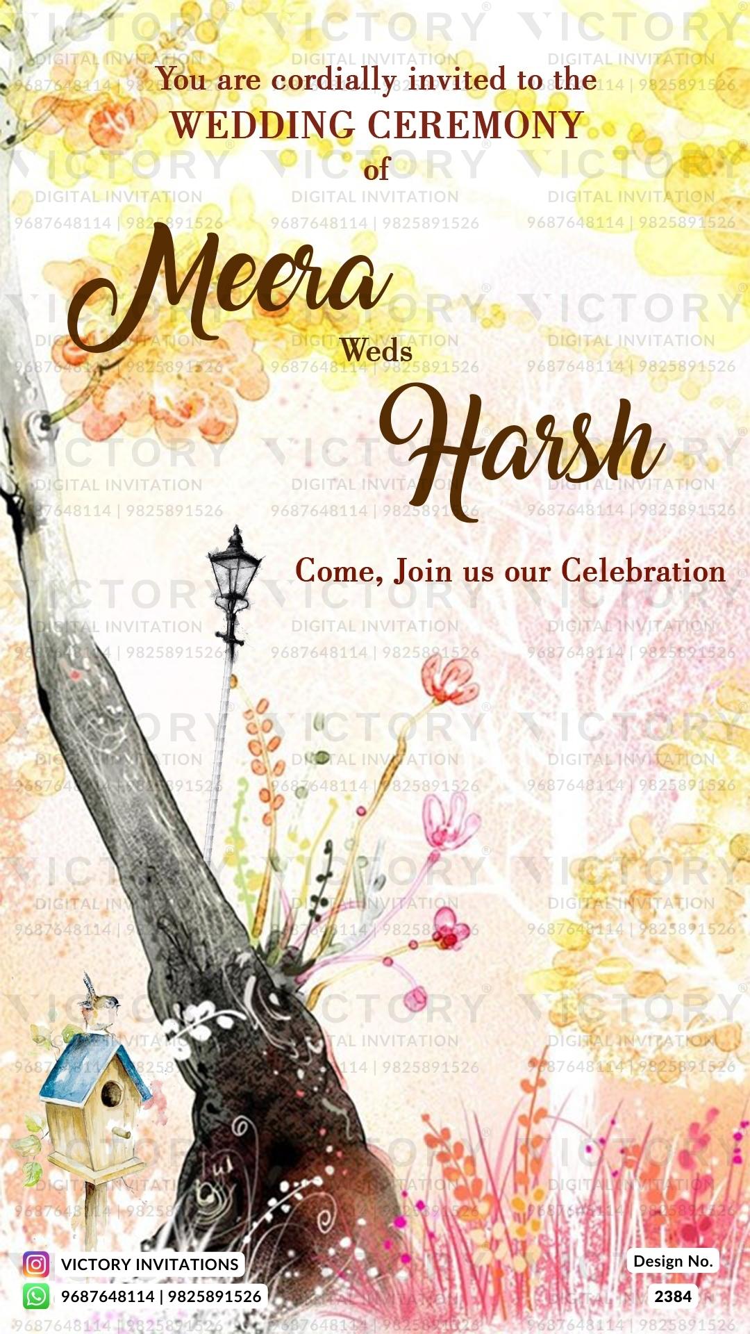 Dancing couple caricature invitation card for wedding ceremony of hindu punjabi haryanvi family in english language with artistic flowers theme design 2384