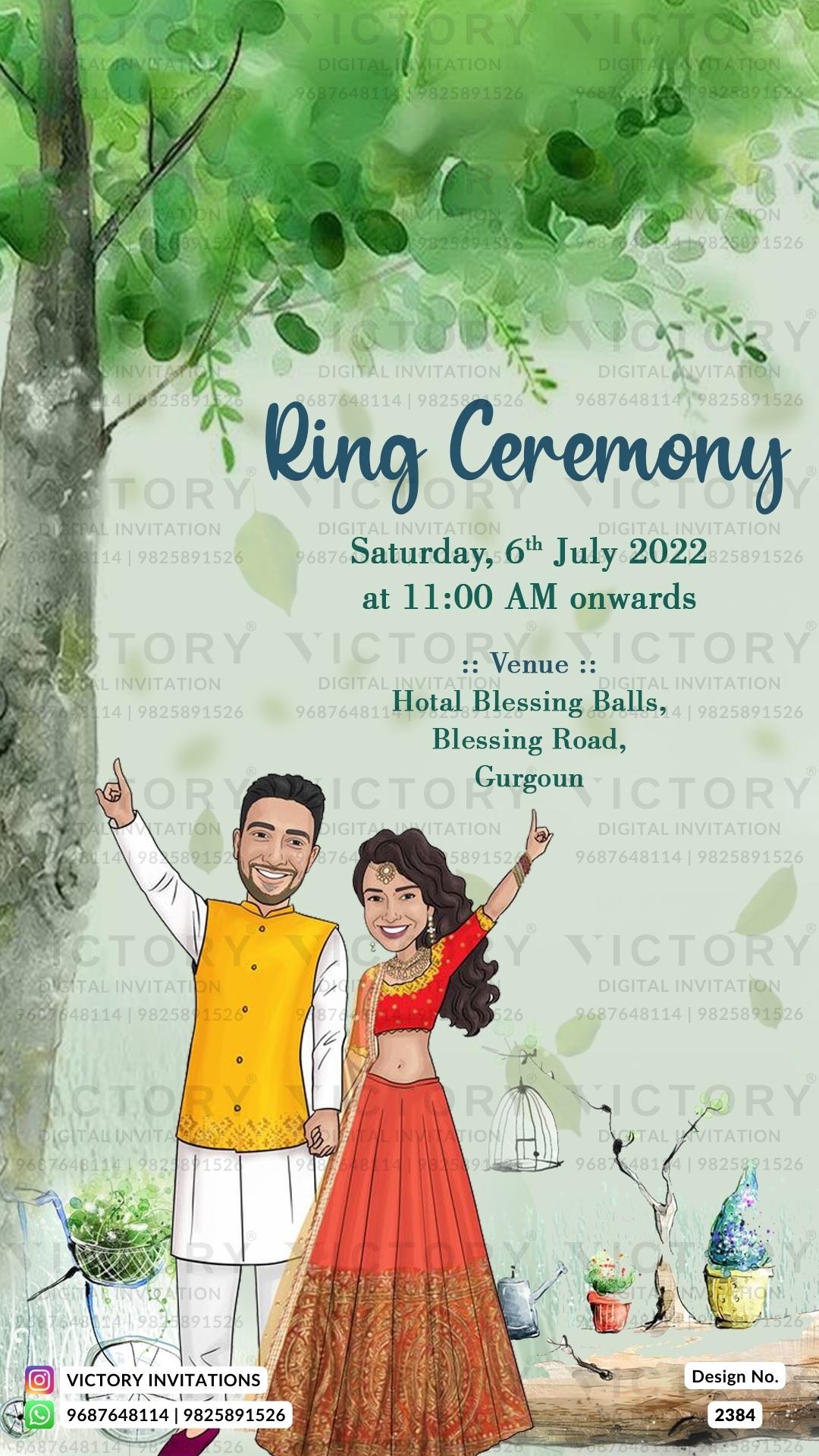 Dancing couple caricature invitation card for wedding ceremony of hindu punjabi haryanvi family in english language with artistic flowers theme design 2384