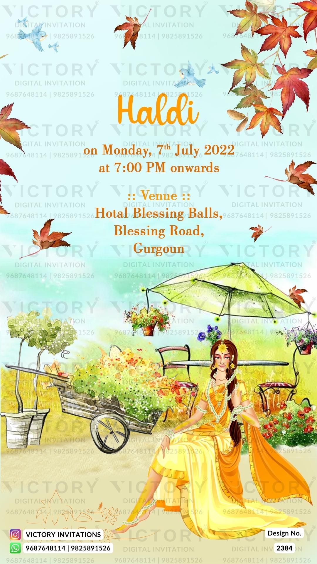 Dancing couple caricature invitation card for wedding ceremony of hindu punjabi haryanvi family in english language with artistic flowers theme design 2384