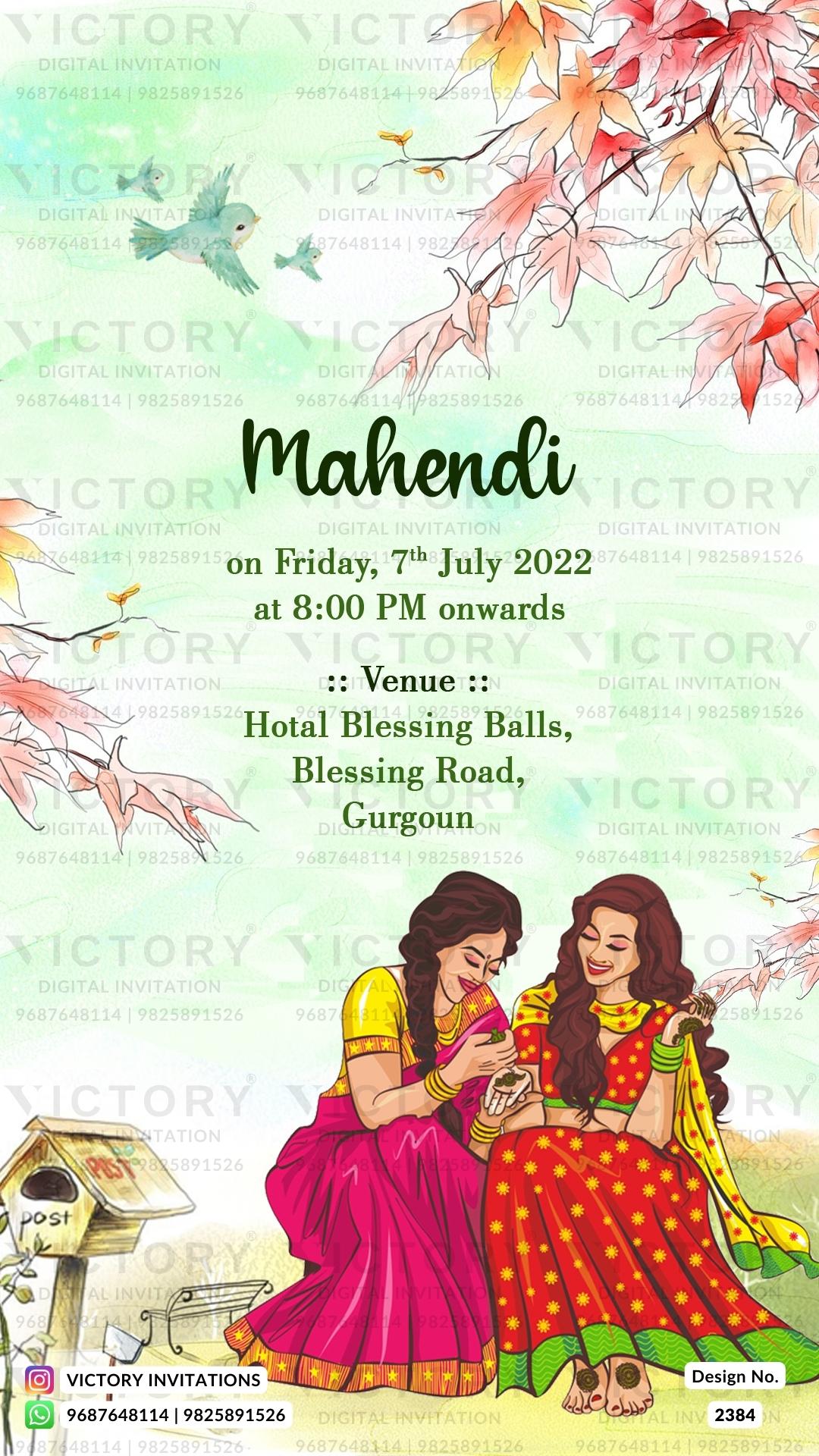 Dancing couple caricature invitation card for wedding ceremony of hindu punjabi haryanvi family in english language with artistic flowers theme design 2384