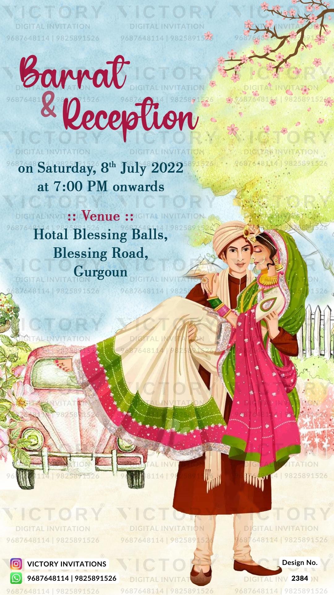 Dancing couple caricature invitation card for wedding ceremony of hindu punjabi haryanvi family in english language with artistic flowers theme design 2384