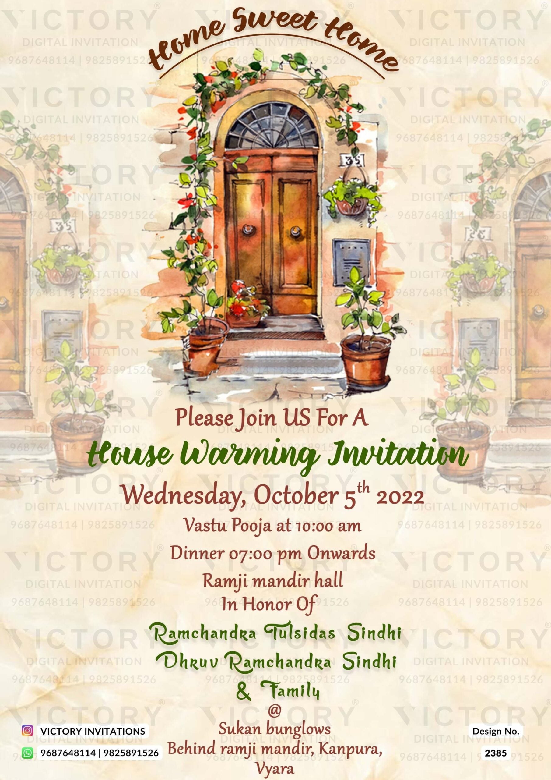 House Warming ceremony invitation card in english language with door, flowers pot as vintage theme design 2385