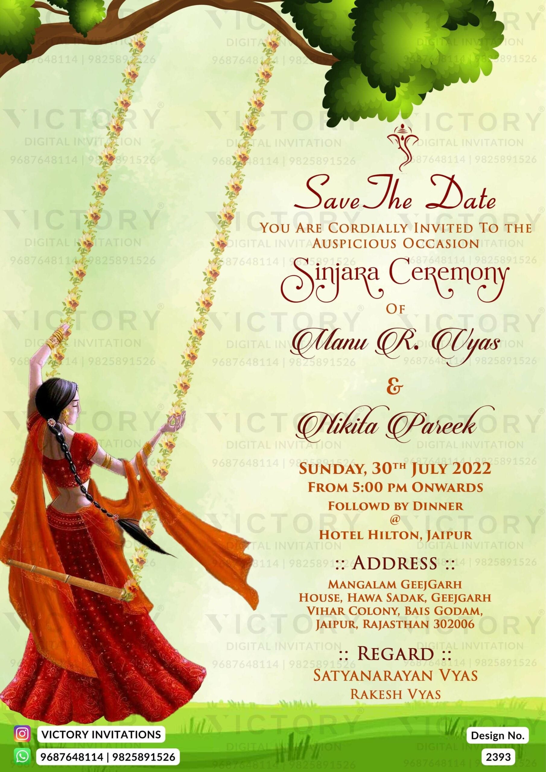 Sinjara ceremony invitation card in english language with girl doodle as garden theme design 2393