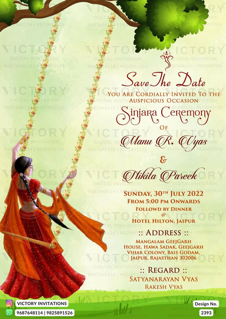 Sinjara ceremony invitation card in english language with girl doodle as garden theme design 2393