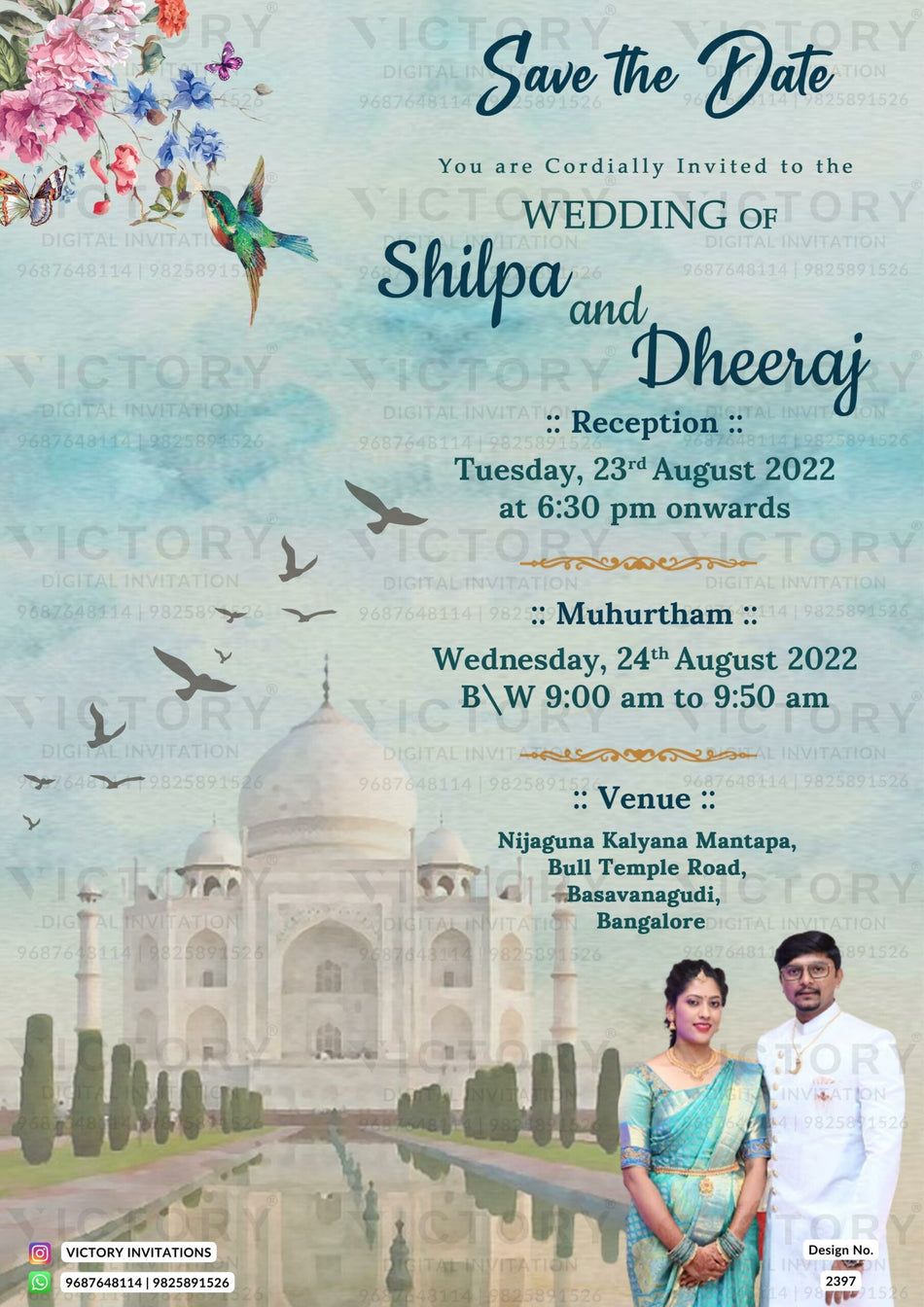 Wedding ceremony invitation card of hindu south indian kannada family in english language with taj mahal theme design 2397