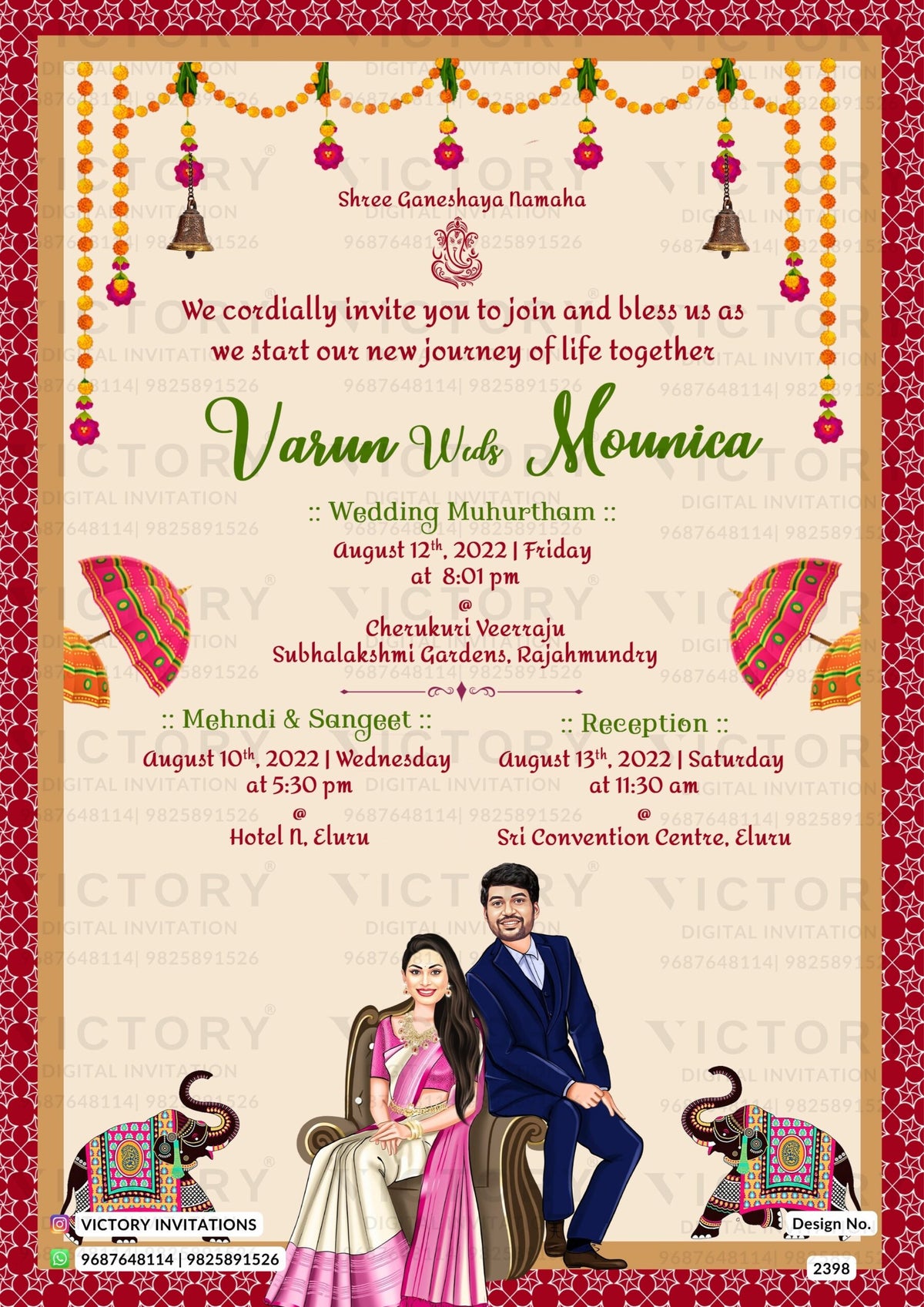 Royal couple caricature invitation card for the wedding ceremony of Hindu south indian telugu family in english language with traditional theme design 2398