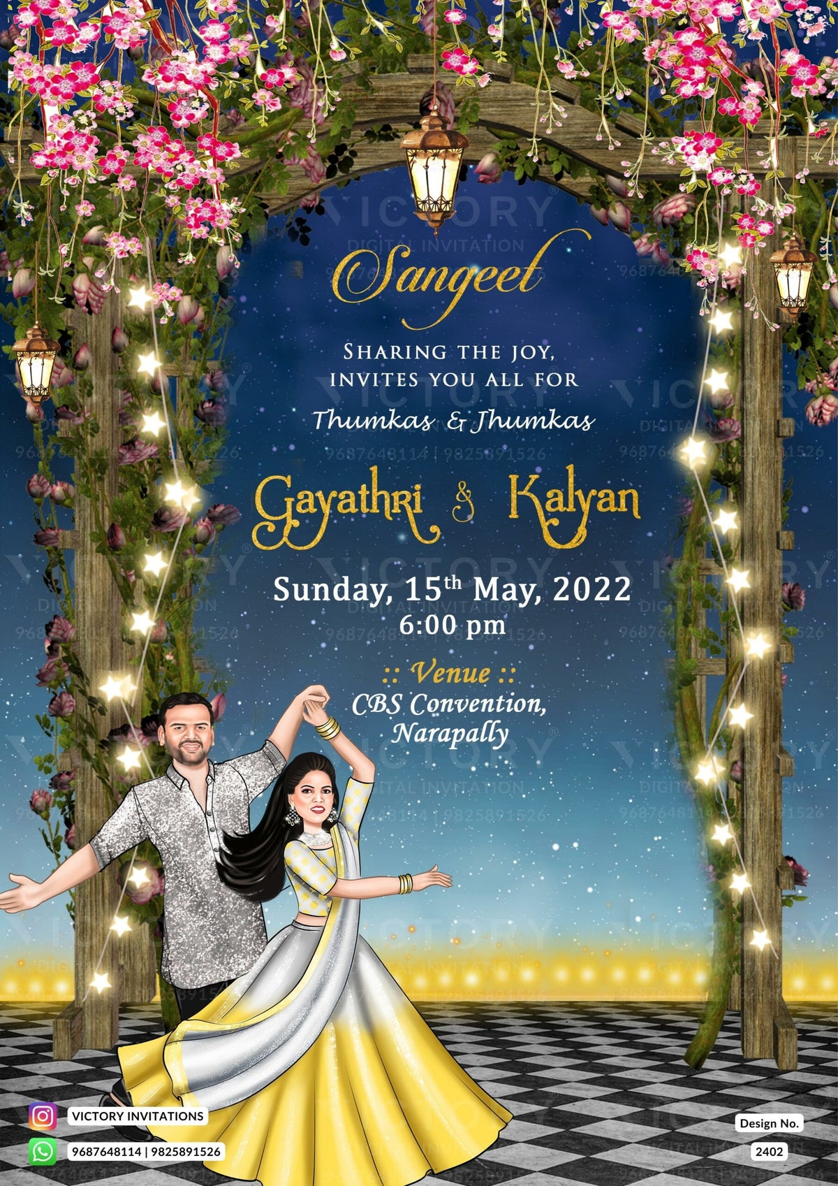 Romantic couple caricature invitation card for Sangeet Ceremony in English language with flowers, lantern as floral gate theme design 2402