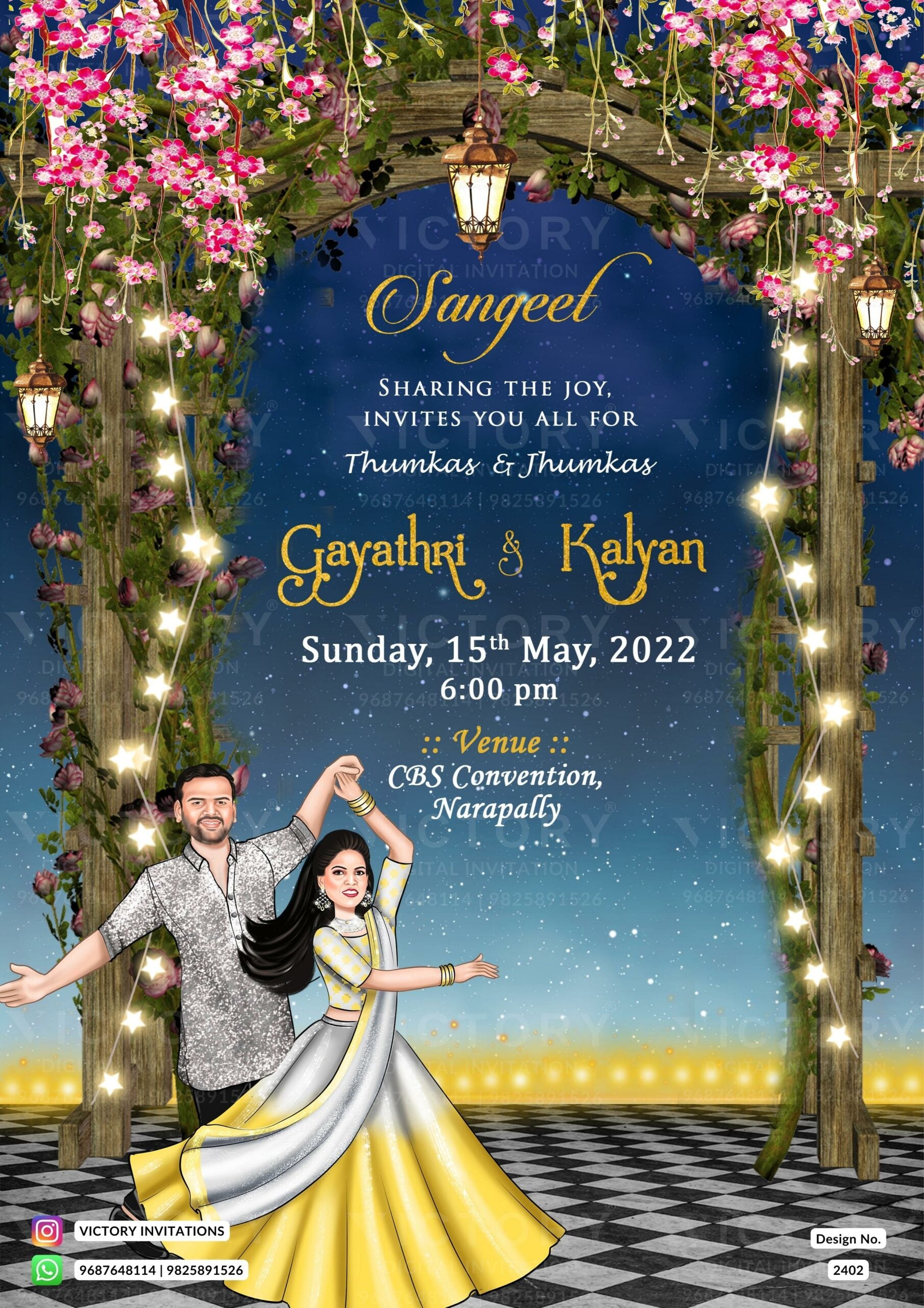 Romantic couple caricature invitation card for Sangeet Ceremony in English language with flowers, lantern as floral gate theme design 2402