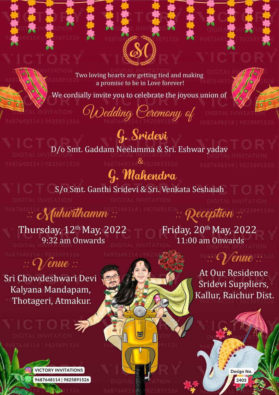 Bollywood Style couple caricature invitation card for the wedding ceremony of Hindu south indian telugu family in english language with traditional theme design 2403
