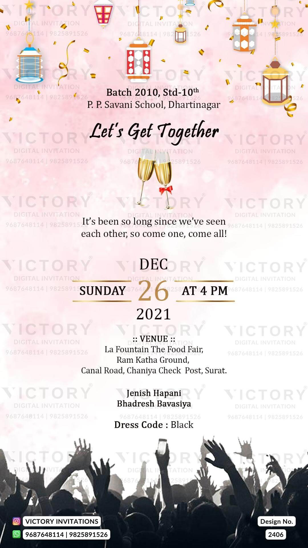 Get Together Party ceremony invitation card in english language with champagne glass, people as minimalistic theme design 2406