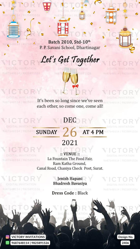 Get Together Party ceremony invitation card in english language with champagne glass, people as minimalistic theme design 2406