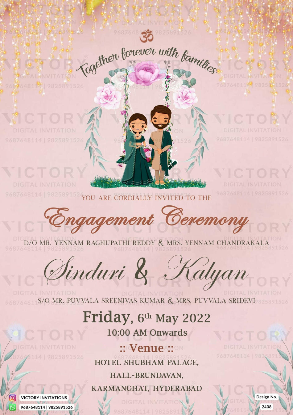 Engagement ceremony invitation card in english language with string light, couple doodle as minimalistic theme design 2408
