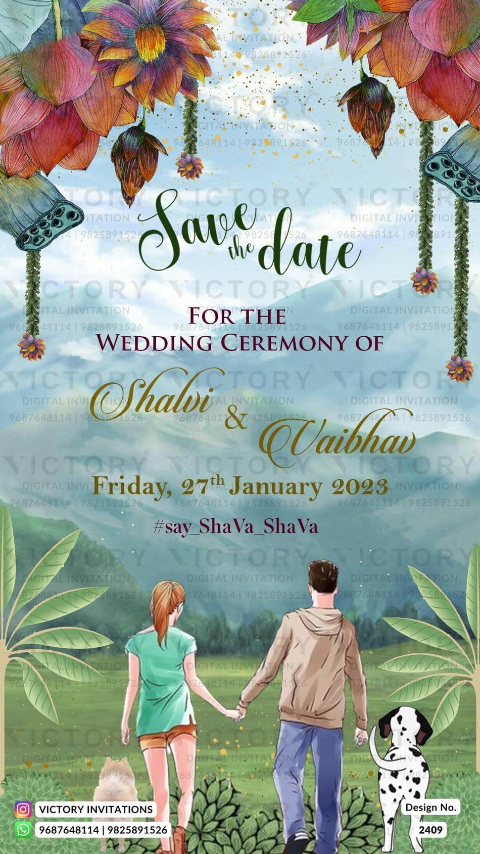 Save the Date card in english language with flowers as mountain theme design 2409