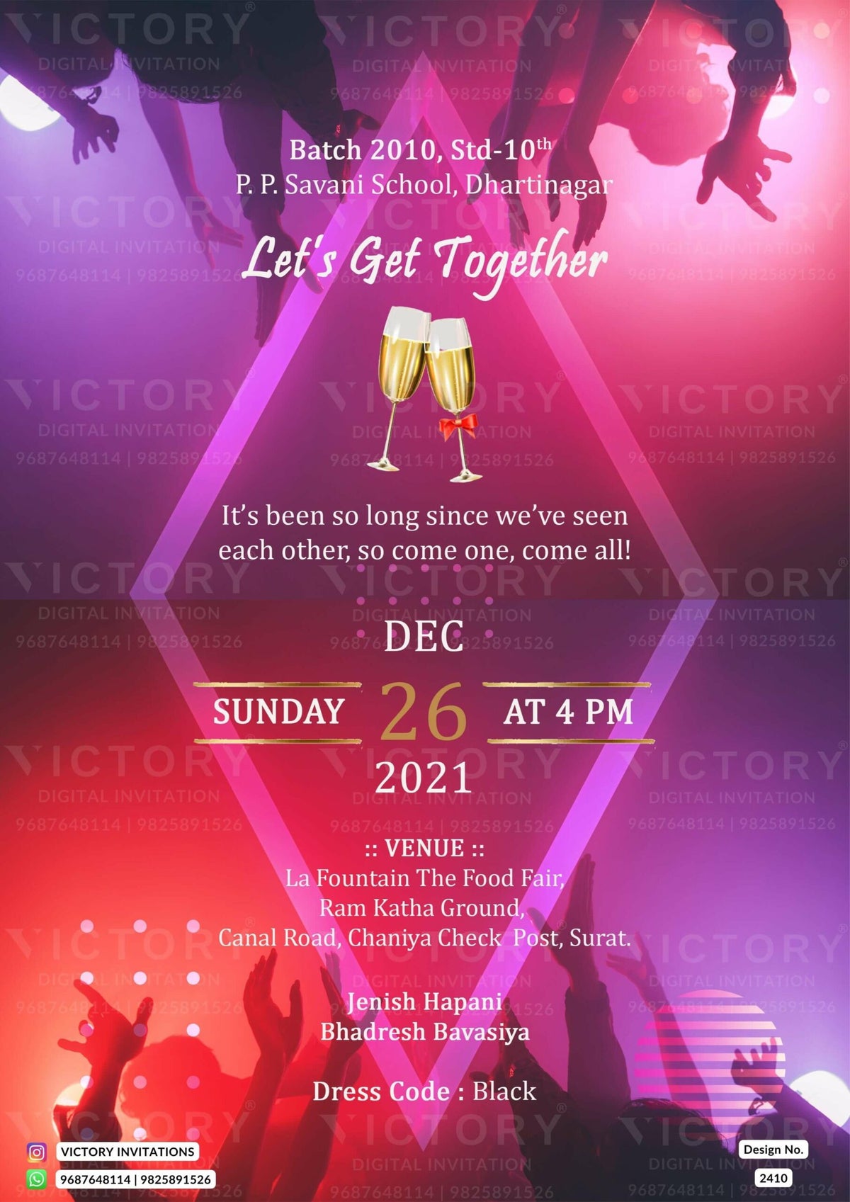 Get Together Party invitation card in english language with people, champagne glass as night party theme design 2410
