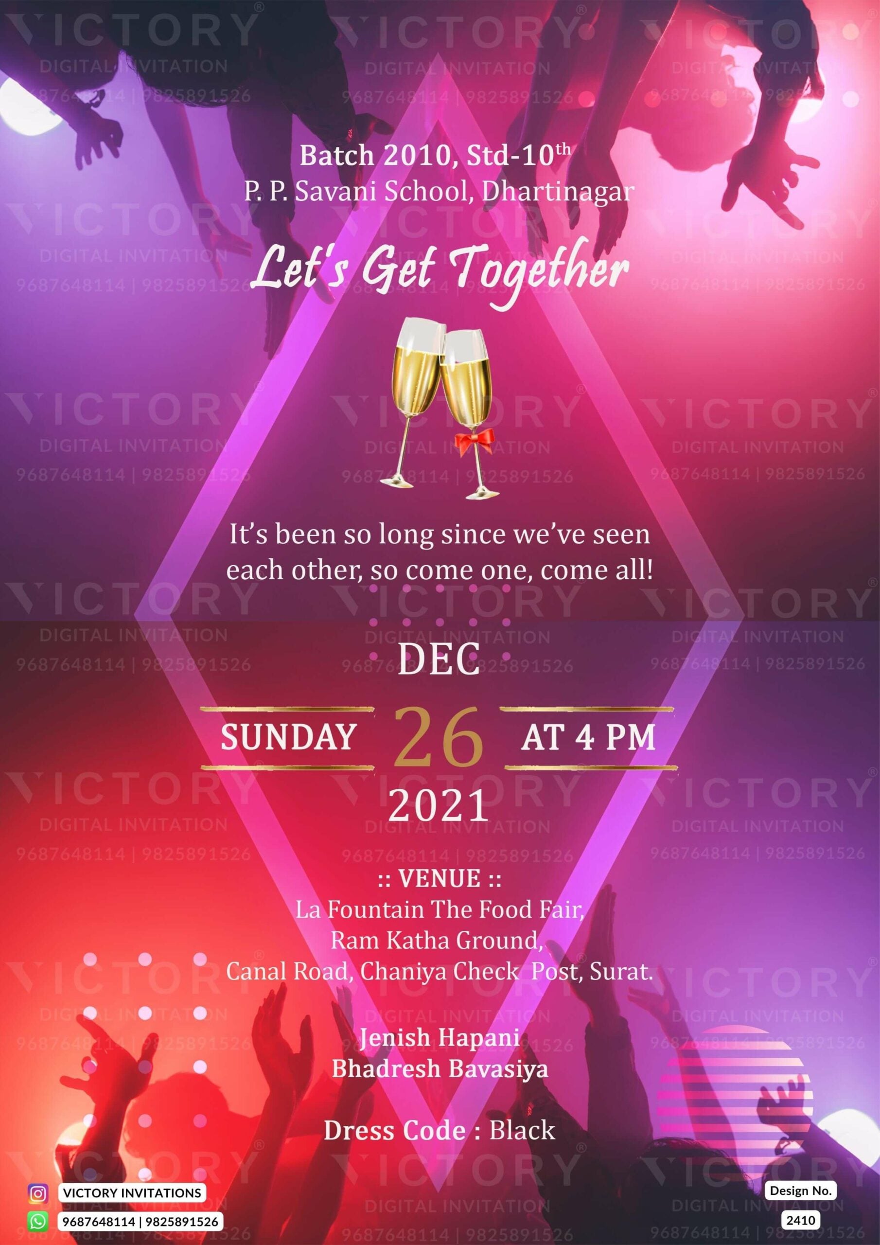 Get Together Party invitation card in english language with people, champagne glass as night party theme design 2410