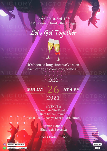 Get Together Party invitation card in english language with people, champagne glass as night party theme design 2410