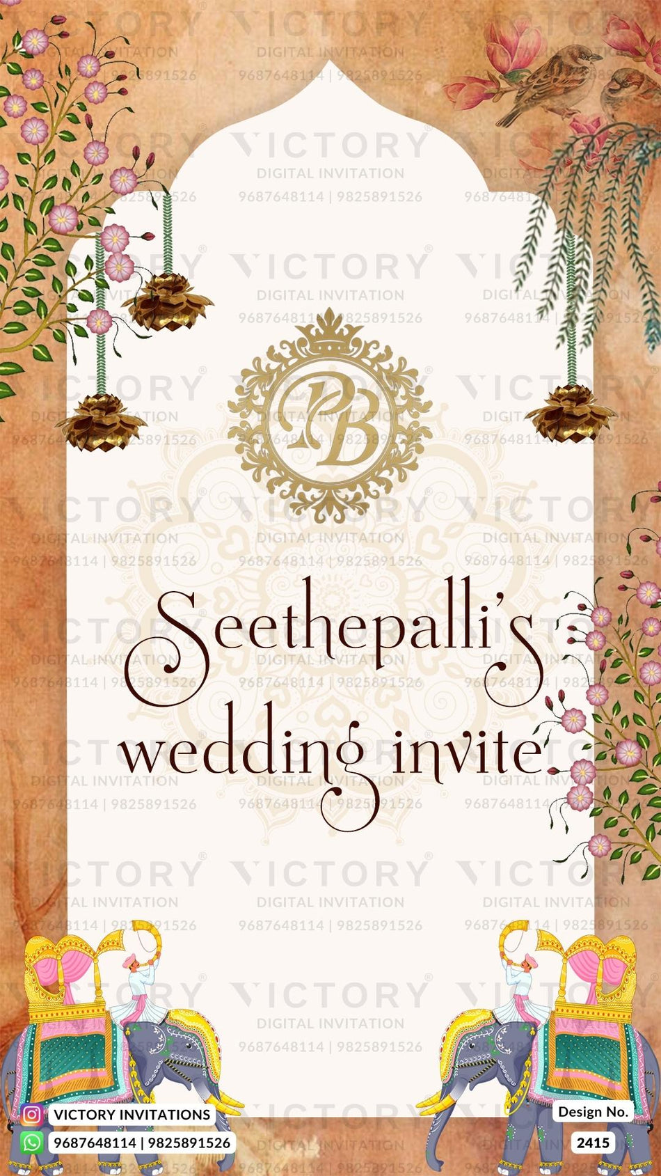 Wedding ceremony invitation card of hindu south indian telugu family in English language with Arch theme design 2415