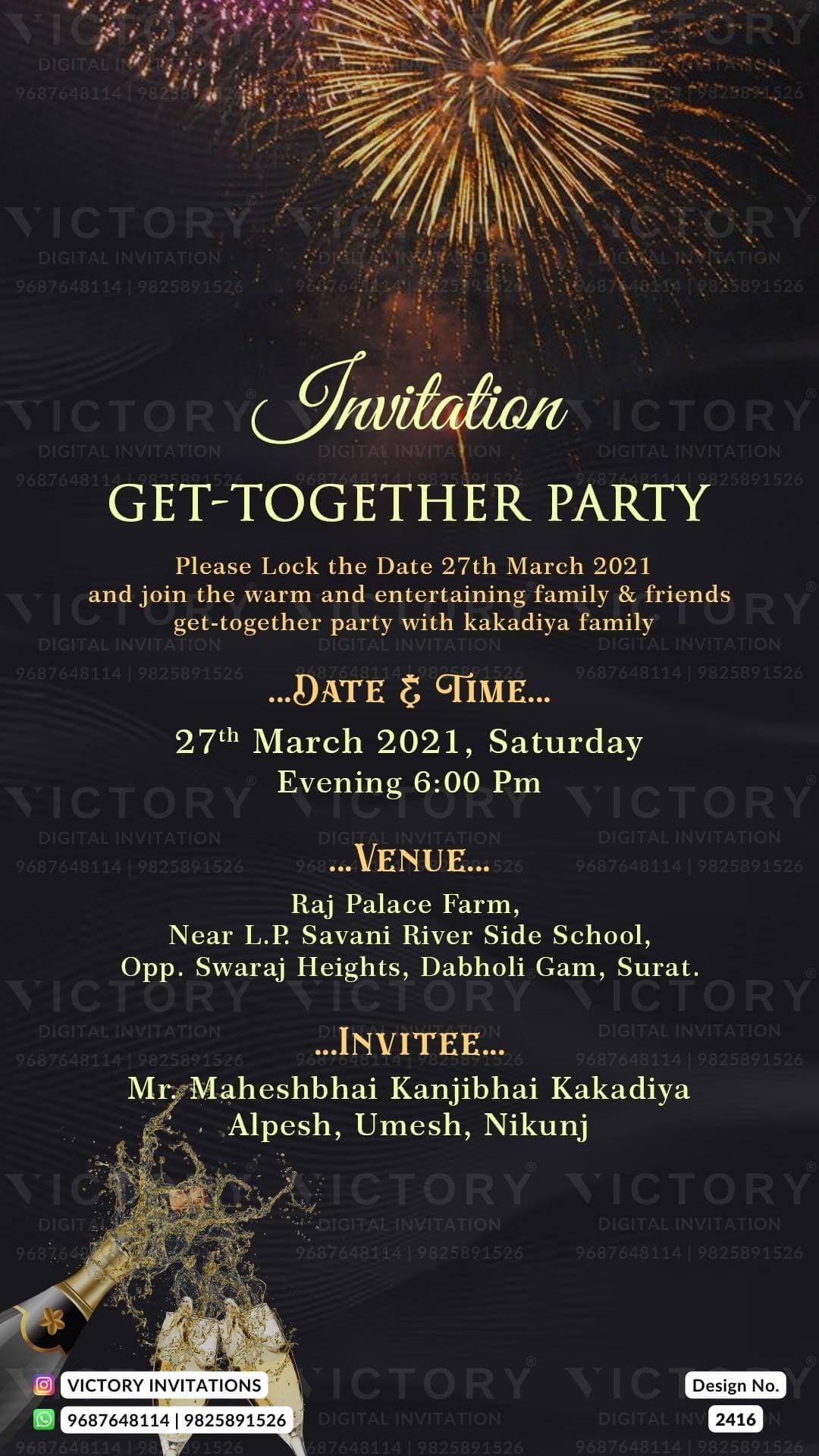 Get Together Party invitation card in english language with crackers, champagne glass as night party theme design 2416