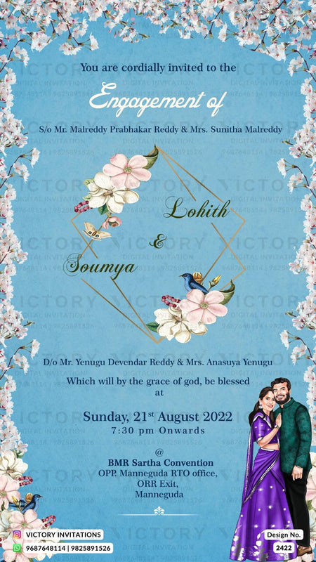stylish couple caricature invitation card for Engagement ceremony in Englsih language with flowers as floral theme design 2422