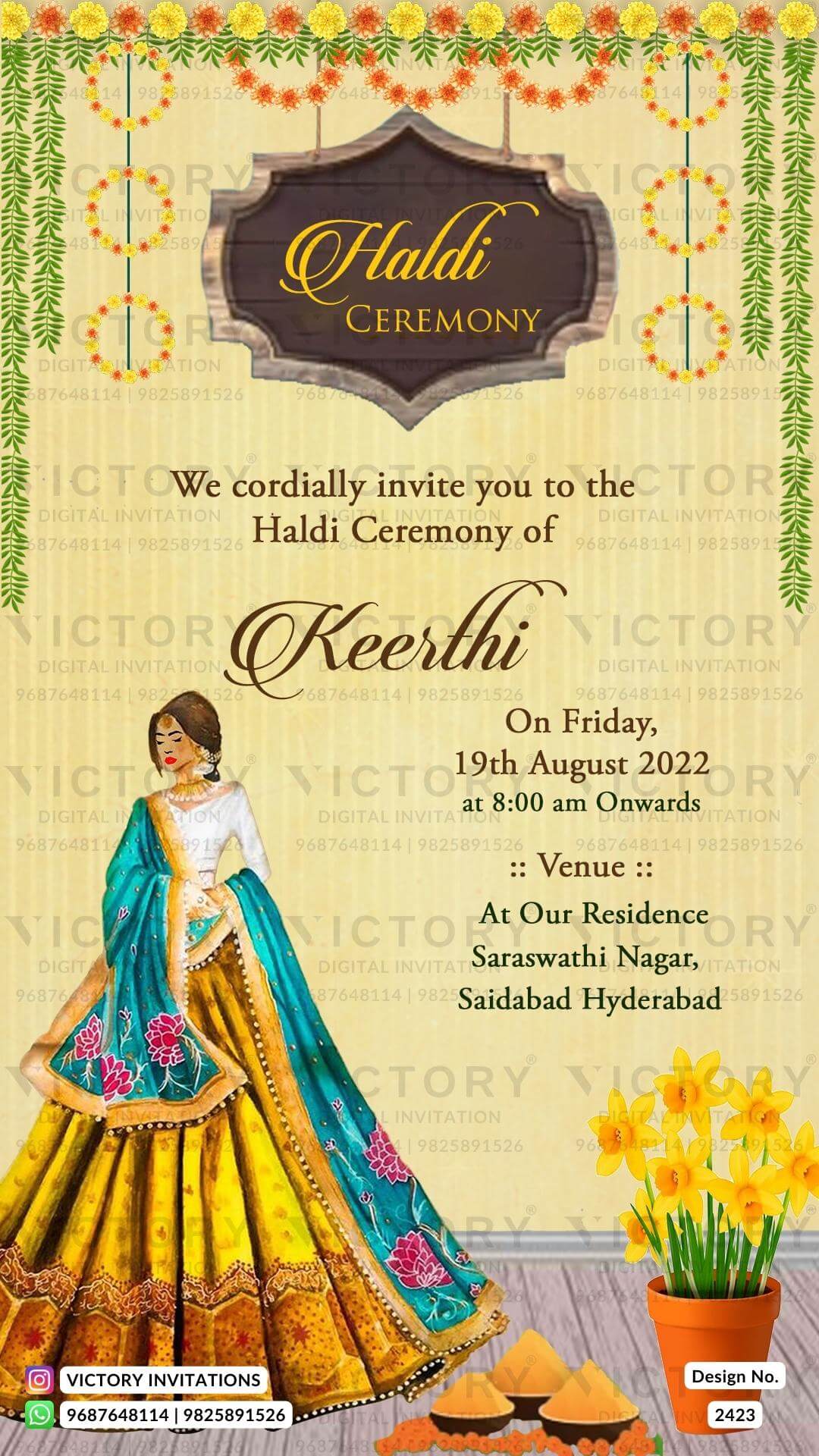 "A Haldi Ceremony Invitation Set Amidst Peach Yellow Hues, Resplendent Flowers, and a Captivating Illustration" Design no. 2423