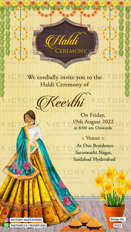 "A Haldi Ceremony Invitation Set Amidst Peach Yellow Hues, Resplendent Flowers, and a Captivating Illustration" Design no. 2423