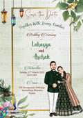 Romantic couple caricature digital invitation card for wedding ceremony of hindu south indian Kannada family in english language with pastel green theme design 2424