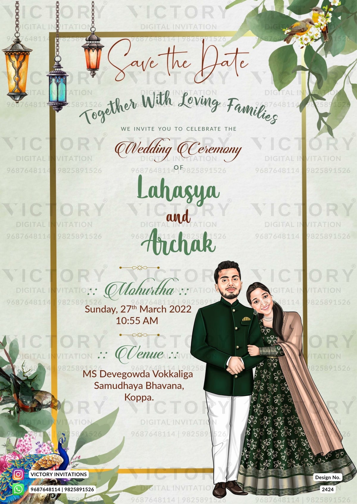 Romantic couple caricature digital invitation card for wedding ceremony of hindu south indian Kannada family in english language with pastel green theme design 2424