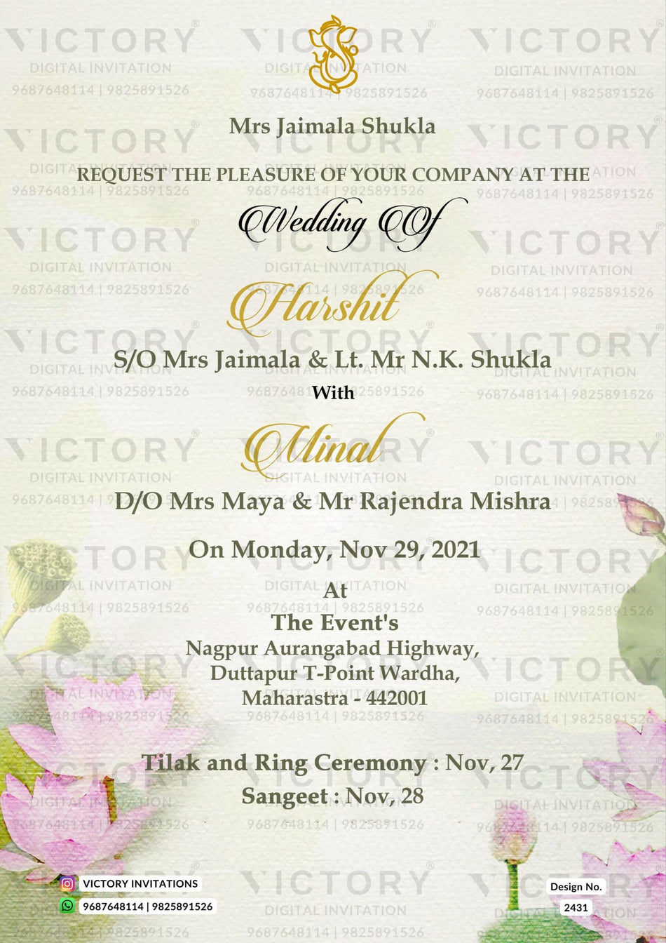Wedding ceremony invitation card of hindu maharashtrian marathi family in english language with artistic floral theme design 2431