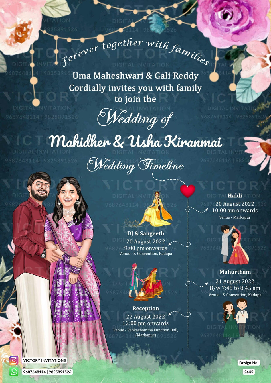 Charming couple caricature invitation card for the wedding ceremony of Hindu south indian telugu family in english language with artistic floral theme design 2445