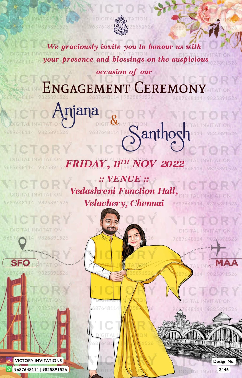 Romantic couple caricature invitation card for Engagement ceremony in Englsih language with two countries theme design 2446