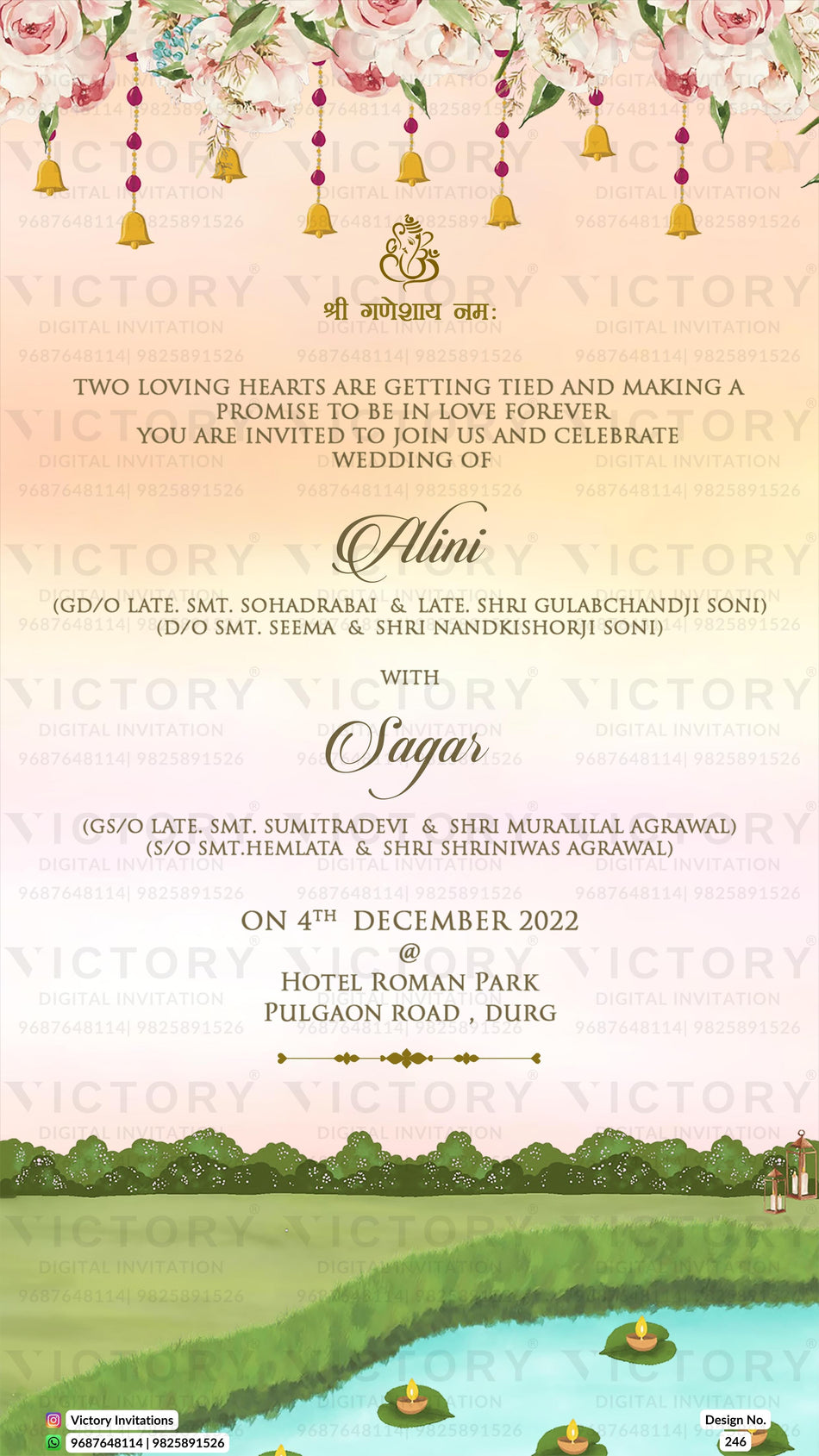 Wedding ceremony invitation card of hindu rajasthani royal family in English language with garden traditional theme design 246