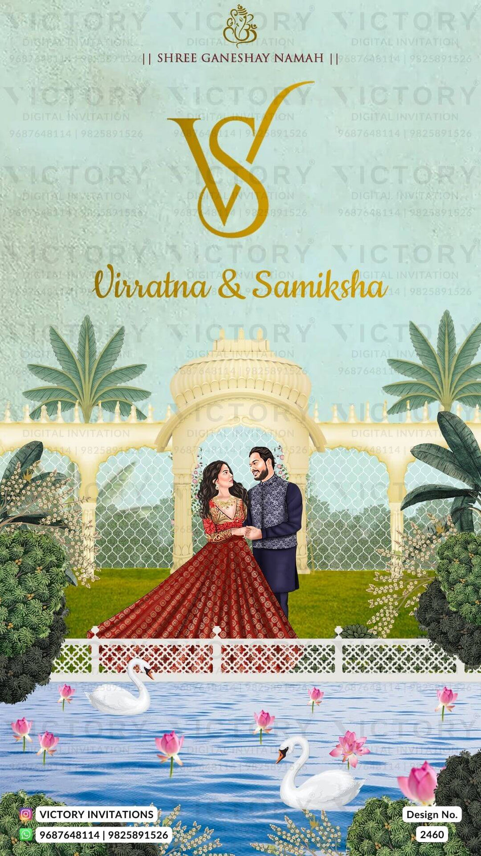 Romantic couple caricature invitation card for Engagement ceremony in english language with couple logo, lotus, tree as traditional theme design 2460