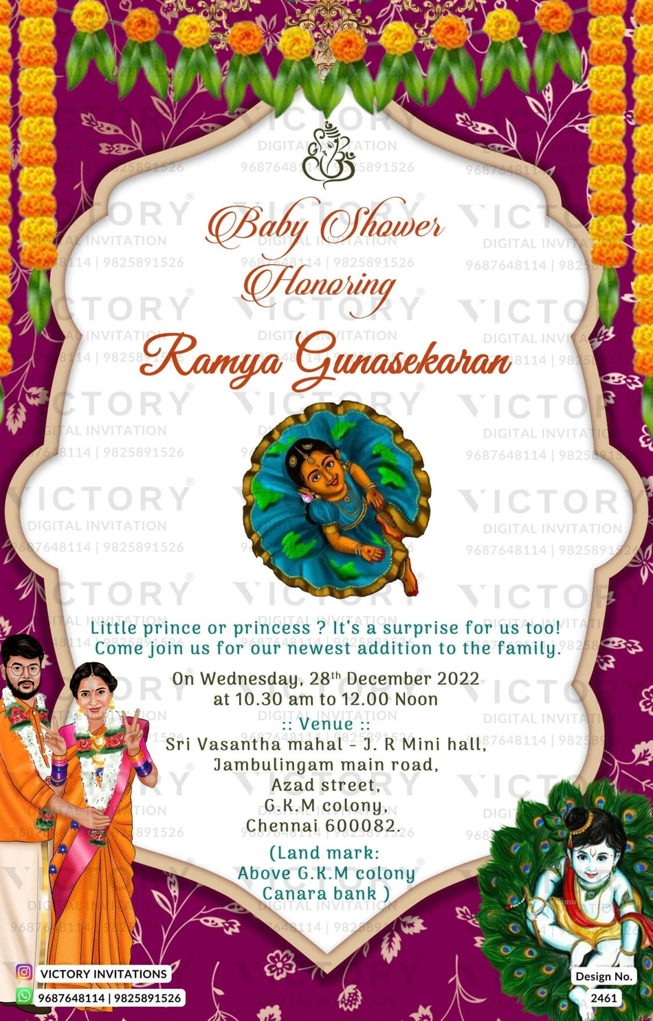 stylish couple caricature invitation card for Baby Shower ceremony in English language with flowers, krishna as arch theme design 2461