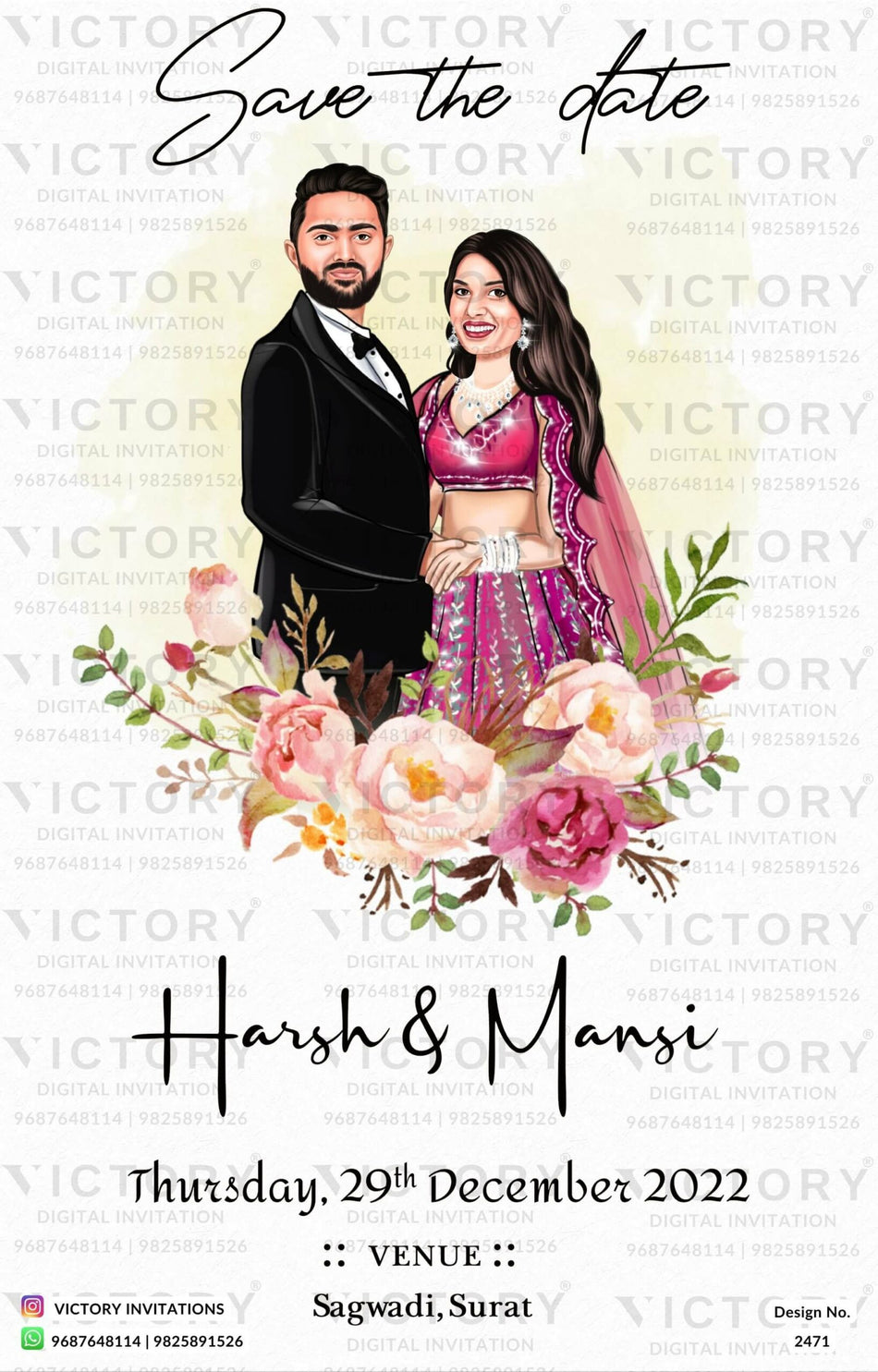 Delightful couple caricature invitation card for Save the Date in English language with flowers as minimalistic theme design 2471
