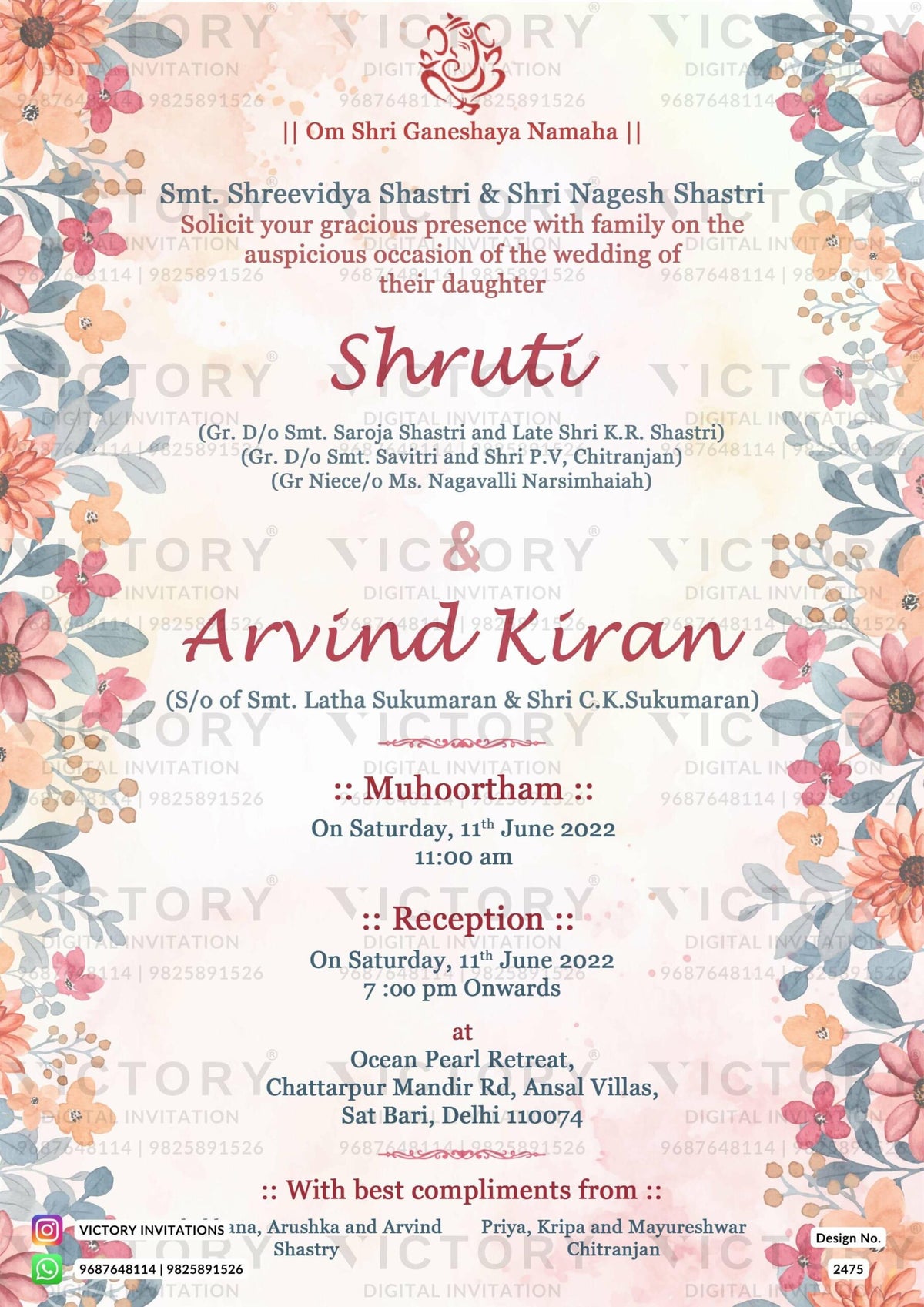 Wedding ceremony invitation card of hindu punjabi haryanvi family in english language with artistic floral theme design 2475