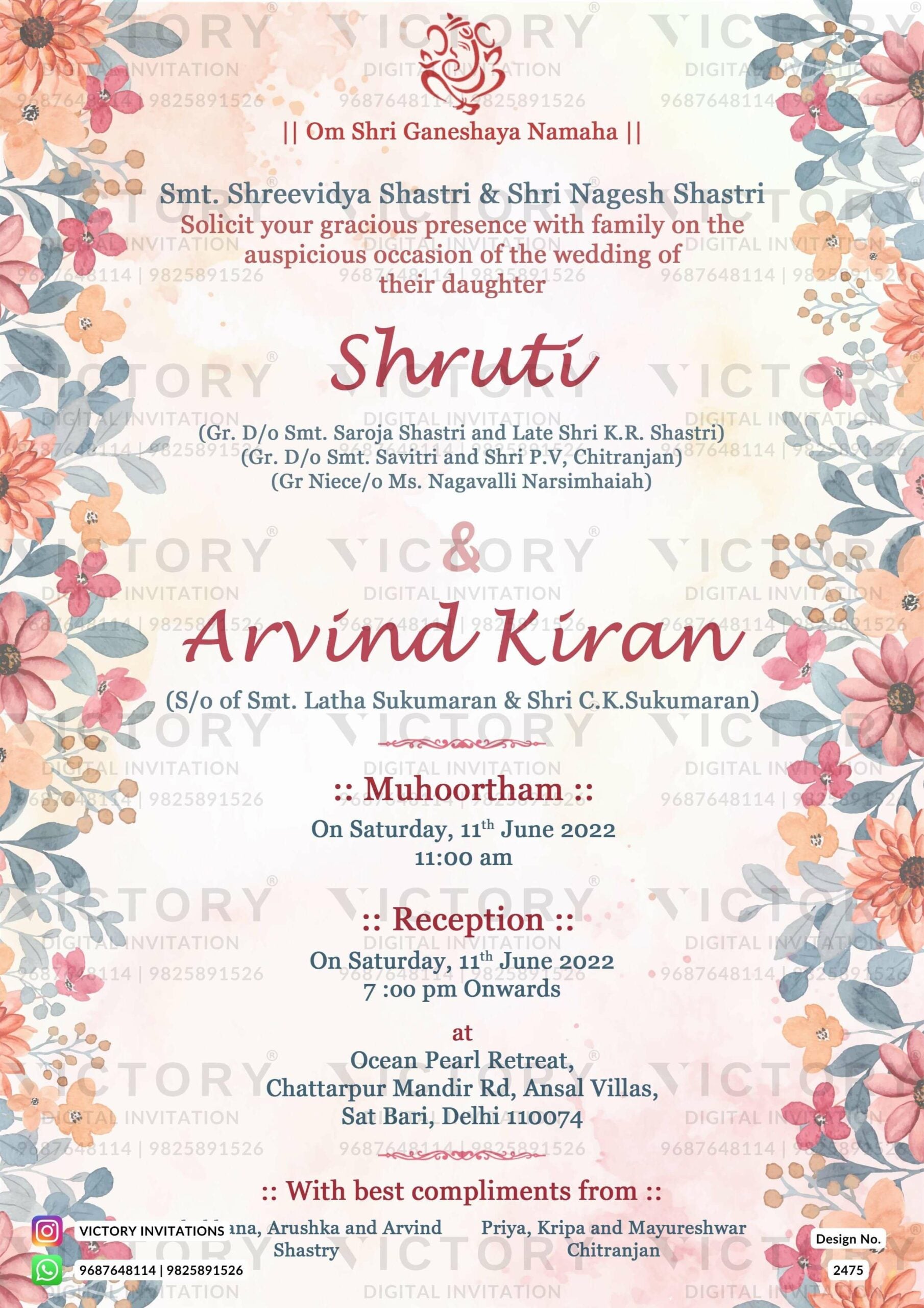 Wedding ceremony invitation card of hindu punjabi haryanvi family in english language with artistic floral theme design 2475