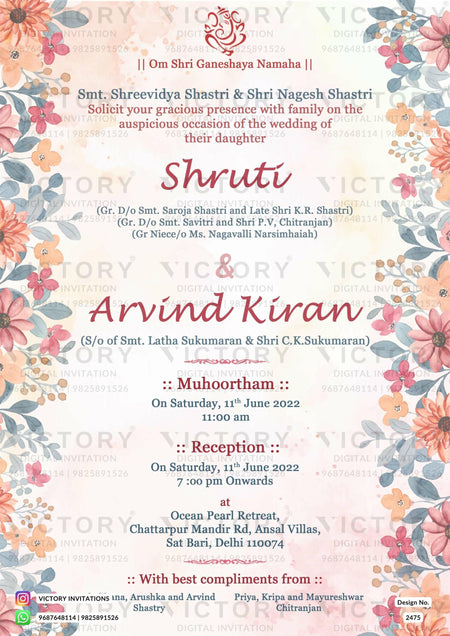 Wedding ceremony invitation card of hindu punjabi haryanvi family in english language with artistic floral theme design 2475