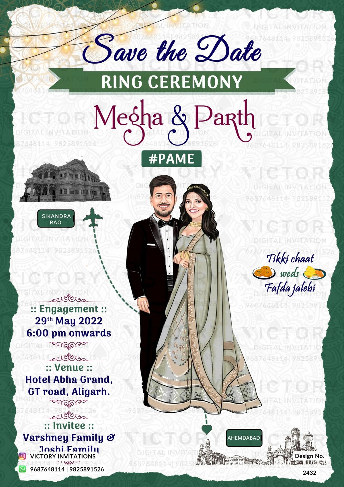 stylish couple caricature invitation card for Engagement ceremony in Englsih language with string lights as two state theme design 2432