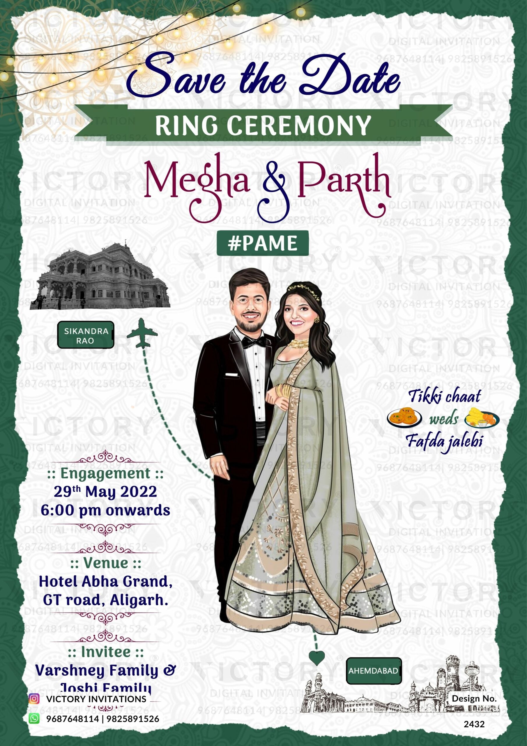 stylish couple caricature invitation card for Engagement ceremony in Englsih language with string lights as two state theme design 2432
