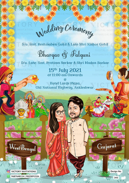 Staylish couple caricature invitation card for Save the Date in English language with flowers, mountain, tample as garden theme design 343