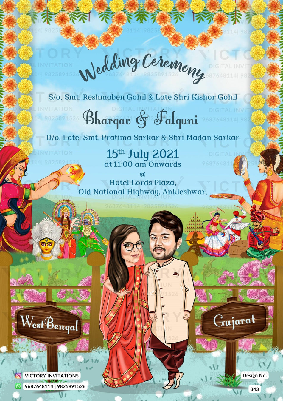 Staylish couple caricature invitation card for Save the Date in English language with flowers, mountain, tample as garden theme design 343