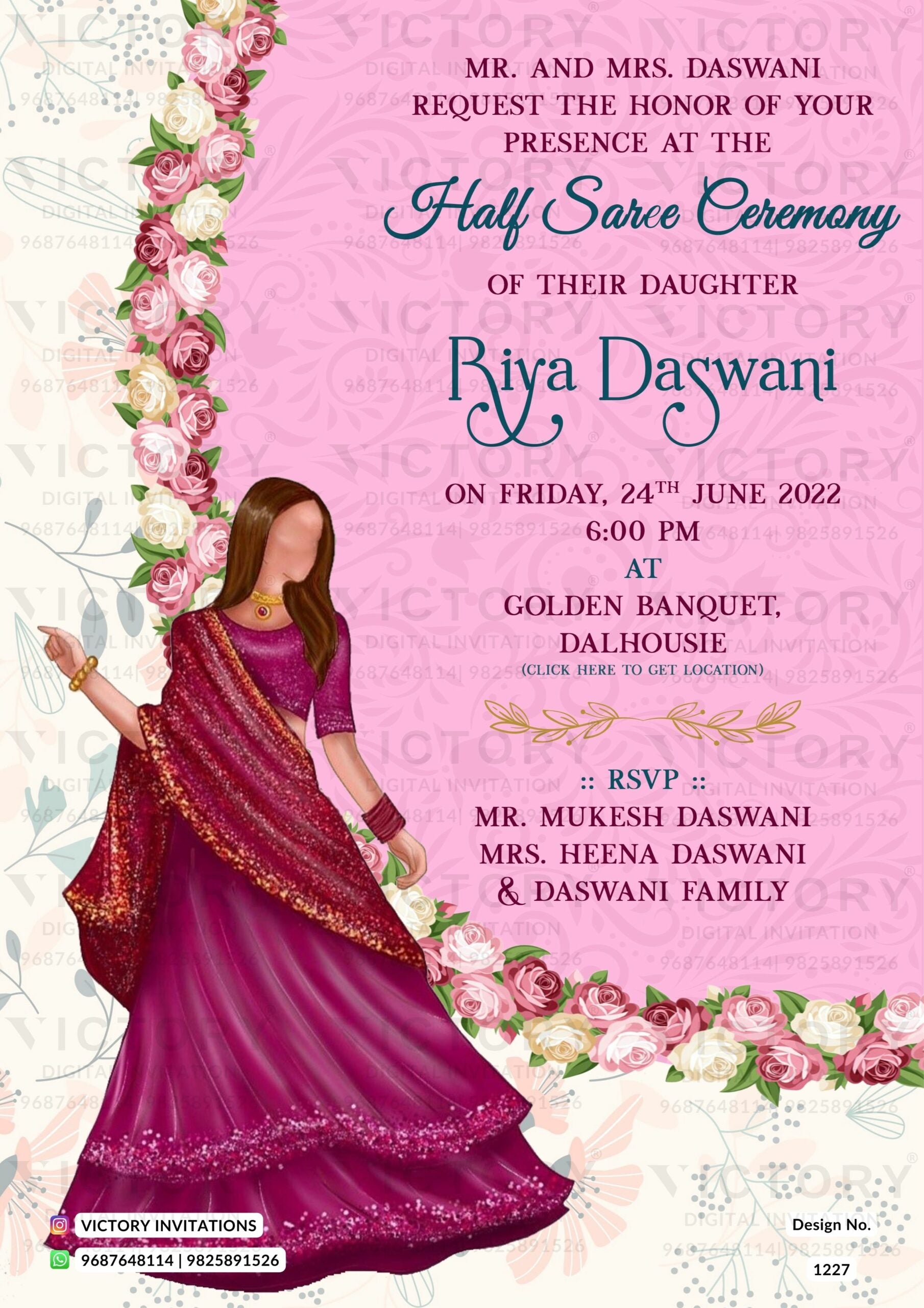 Half Saree ceremony invitation card in english language with floral theme design 1227