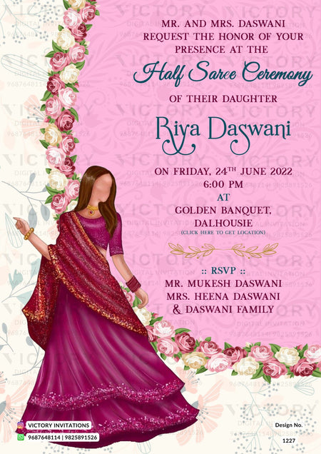 Half Saree ceremony invitation card in english language with floral theme design 1227